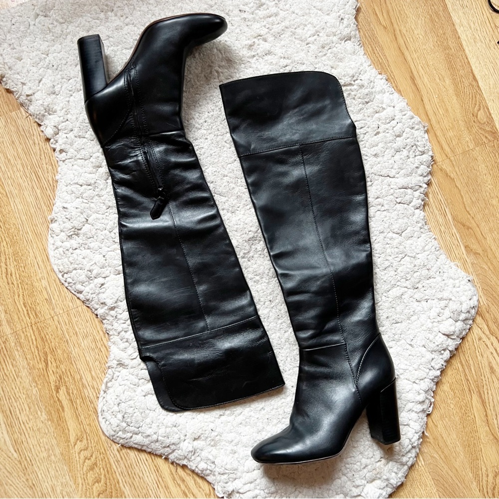 Tory Burch Bowie Black Leather Round Toe Block  Heels Chunky Knee High Boots